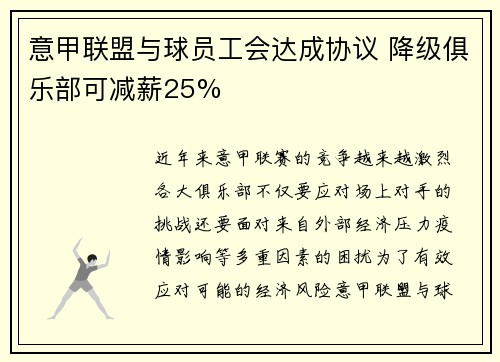意甲联盟与球员工会达成协议 降级俱乐部可减薪25%