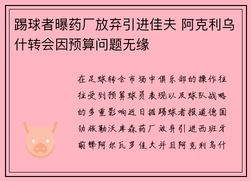 踢球者曝药厂放弃引进佳夫 阿克利乌什转会因预算问题无缘